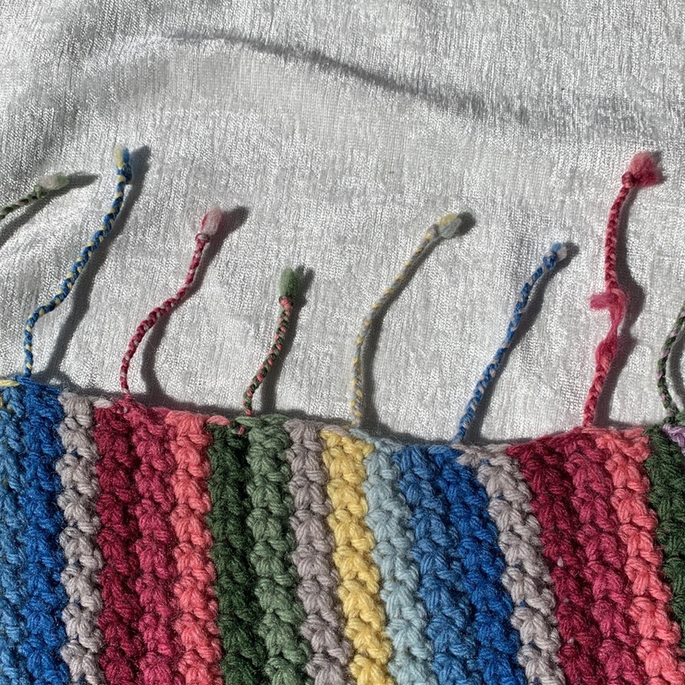Vintage Handmade Crochet Knit Rainbow Afghan Blanket Fringe “Granny Square” - Picture 7 of 9
